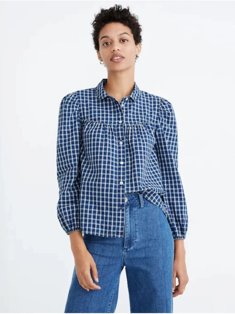 Madewell Blue Plaid Peter Pan Collared Blouse Puff Sleeve Size M Cottagecore